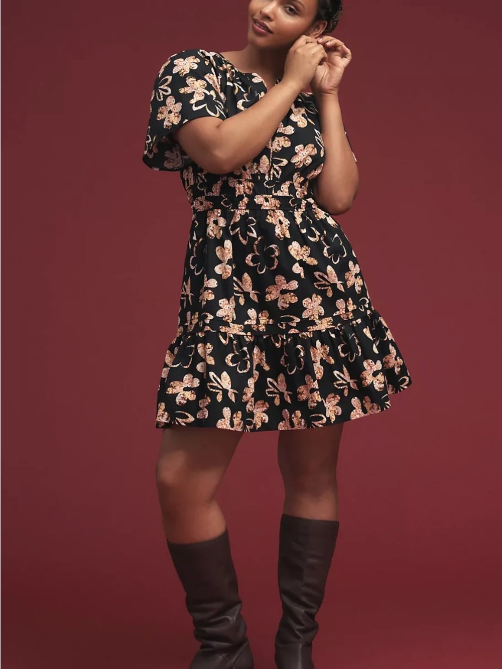 Anthropologie Somerset Mini Dress Black Floral Size Large